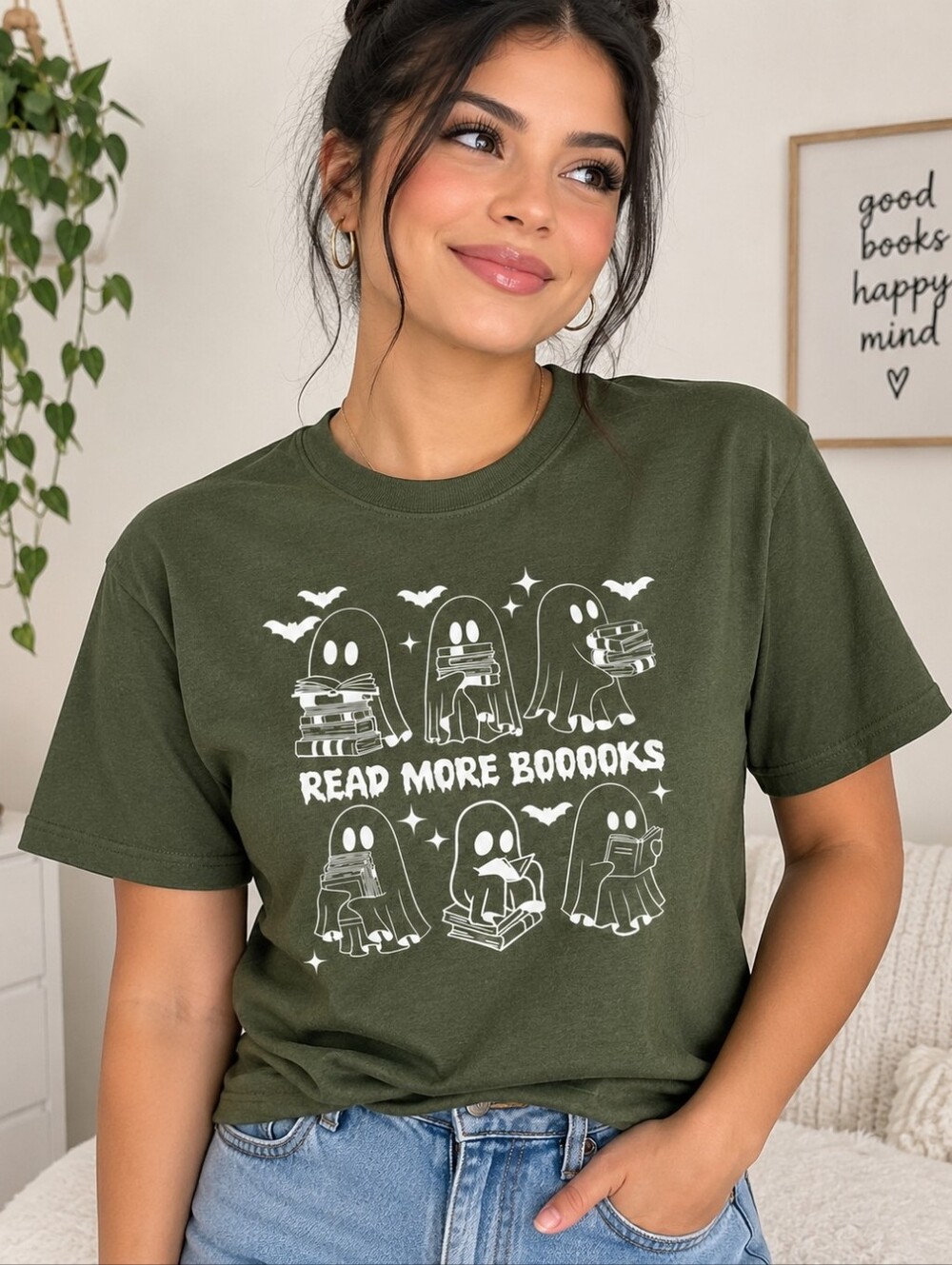 Halloween Book Lover Ghosts T-Shirt | Read More Booooks | Military Green